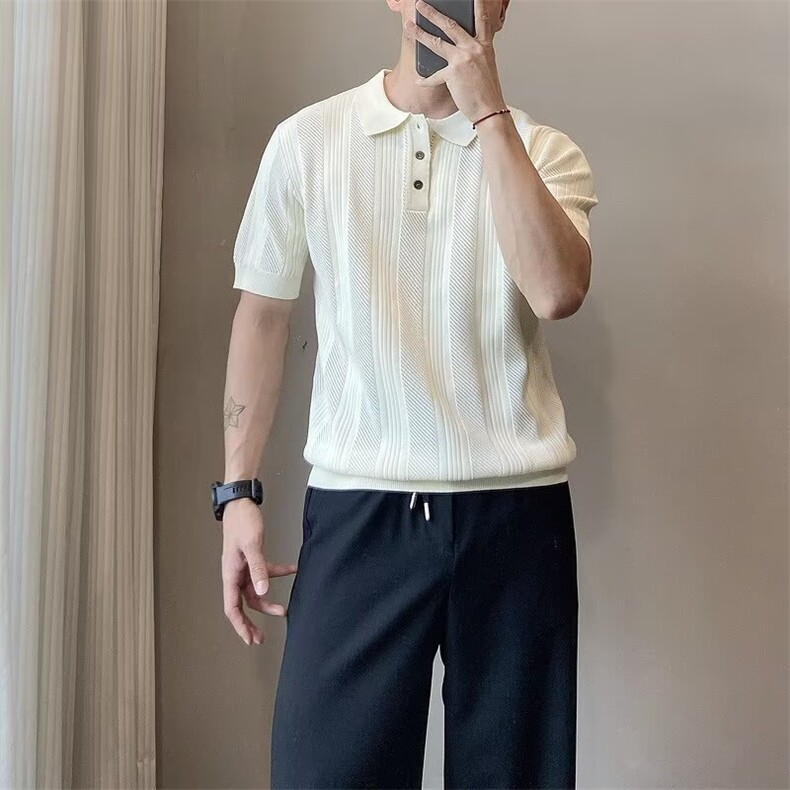 欧系老钱风POLO衫轻熟男T恤简奢松弛感翻领商务t恤休闲百搭夏季,男装针织衫/毛衣,星座1210-1