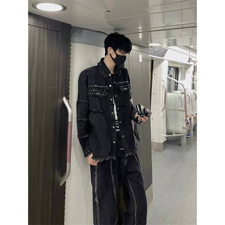 [有货]铆钉毛边牛仔外套痞帅翻领夹克休闲上衣JK205特P58,男装夹克,星座908-1