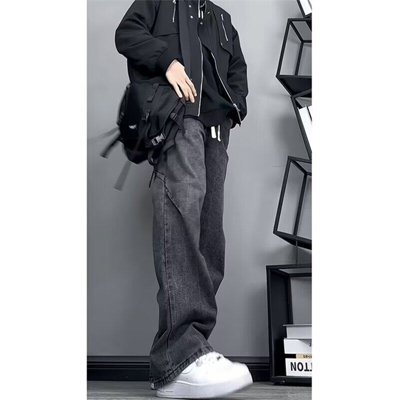 黑灰色牛仔裤男生秋季美式潮牌显瘦直筒弯刀裤水洗做旧休闲阔腿裤,男装牛仔裤,星座506A