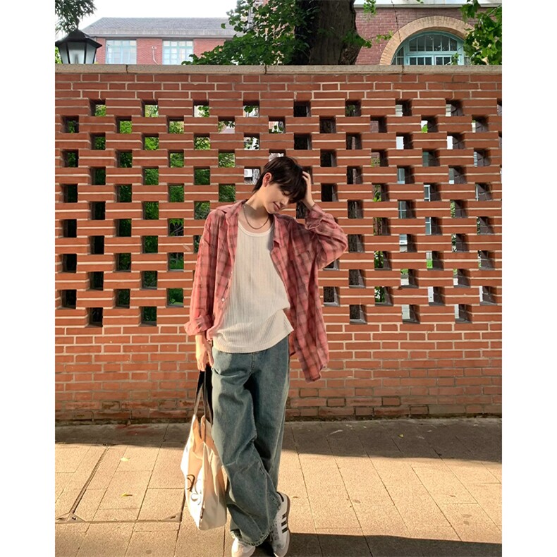 现货~夏季宽松休闲防晒衬衣美式格子褶皱长袖衬衫CS003-P45,男装防晒衣,星座1004-3