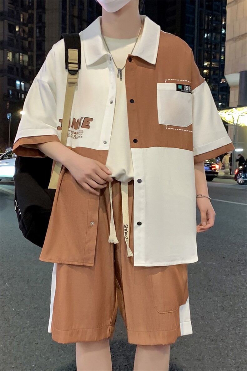 港风夏潮流印花拼接开衫宽松短袖衬衣短裤帅气套装A436-D217-P60,男装休闲套装,电商A436