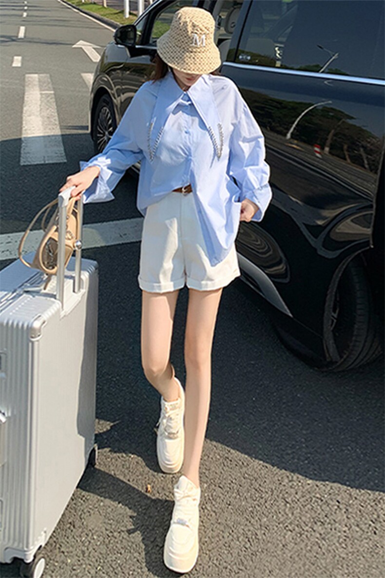 女款春季新款简约宽松尖领百搭纯色长袖衬衣设计感时尚休闲衬衣潮,女装衬衫,江南
