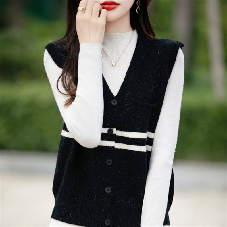 撞色马甲无袖针织坎肩女开衫短外套上衣2025年秋季新毛线马甲背心，女装马甲，暖姿羊绒