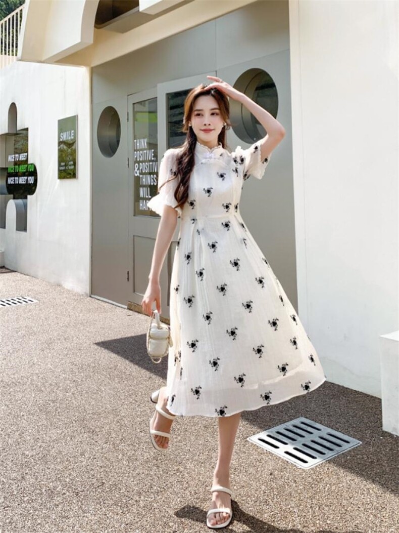 提花潮风盘扣连衣裙，女装连衣裙，天使公主