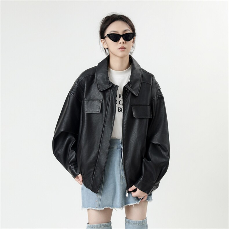 港风秋款男女PU皮衣拼接中性风皮夹克纯色休闲外套JK253 P80图片