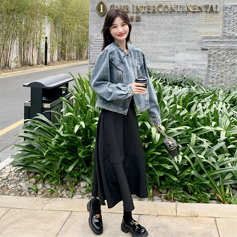 复古法式收腰压褶大摆裙黑色半身裙2025年开春新款女装显瘦伞裙女,女装牛仔外套,浙宝220