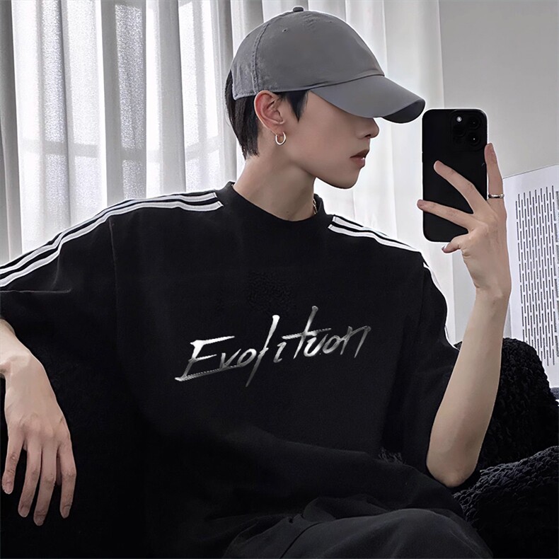 抖音得物高品质二开240克宽松纯棉美式潮牌三条杠织带短袖T恤，男装T恤，电商A486