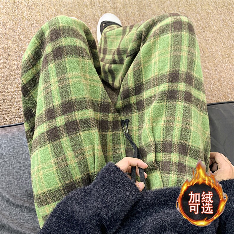 加绒+10呢子磨毛松紧腰混色格子抽绳设计弧形阔腿休闲裤 D517/P45图片