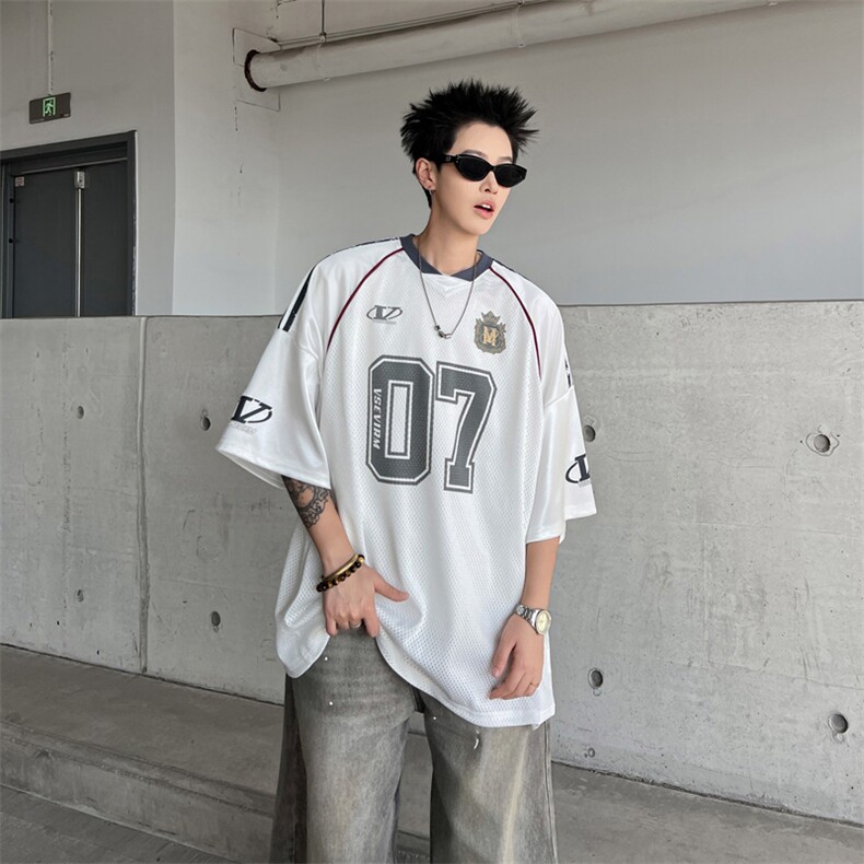 美式夏季薄款网面字母印花球衣T恤男女小众休闲运动长袖打底上衣,男装Polo衫,四季星座505