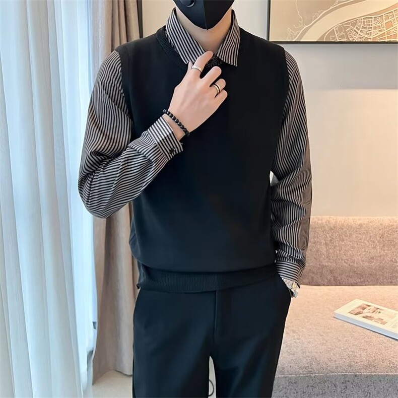 衬衫领休闲假两件毛衣男士春秋条纹针织衫新款轻熟风线衣 Q336图片