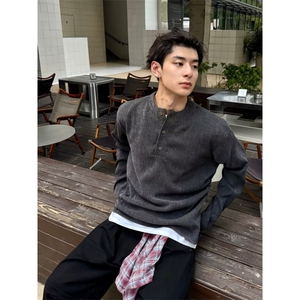 美式亨利领t恤男秋冬季校园风做旧休闲polo衫高级感宽松大码上衣图片