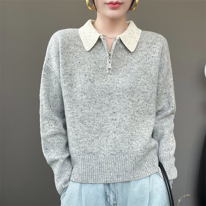 时尚百搭宽松羊毛衫简约翻领配色半拉链设计秋冬必备单品,女装羊毛衫,秋虹羊绒