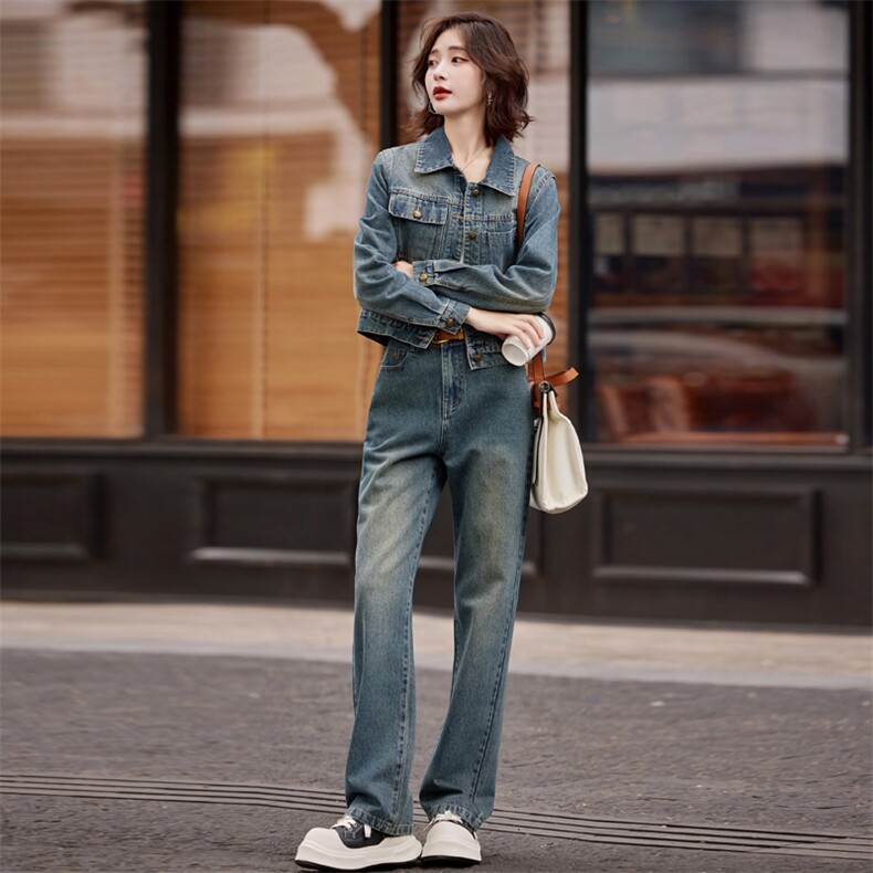早春牛仔套装女2025新款时尚洋气减龄时髦今年流行复古长裤两件套,女装套装/套裙,意芙