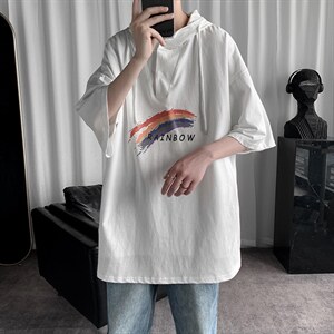 LD54064-P45连帽短袖t恤男大码胖子带帽五分袖中袖，男装T恤，电商A040