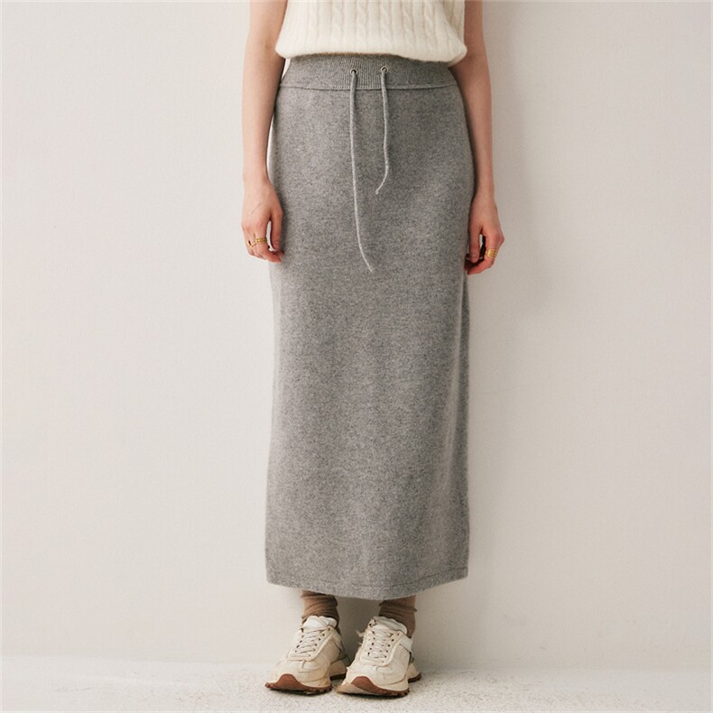 2025年秋季新款百搭四平抽绳开叉长裙，女装半身裙，绒创羊绒