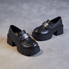 增高厚底乐福鞋2024春季新款粗高跟真皮英伦小皮鞋金属扣休闲单鞋，女鞋小皮鞋，星座1407-3