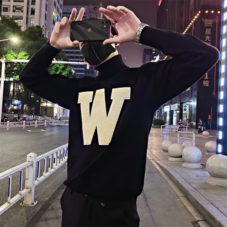 MY56/特P88控118冬季韩版百搭刺绣大字母W高领套头毛衣男黑首1,男装针织衫/毛衣,星座305B