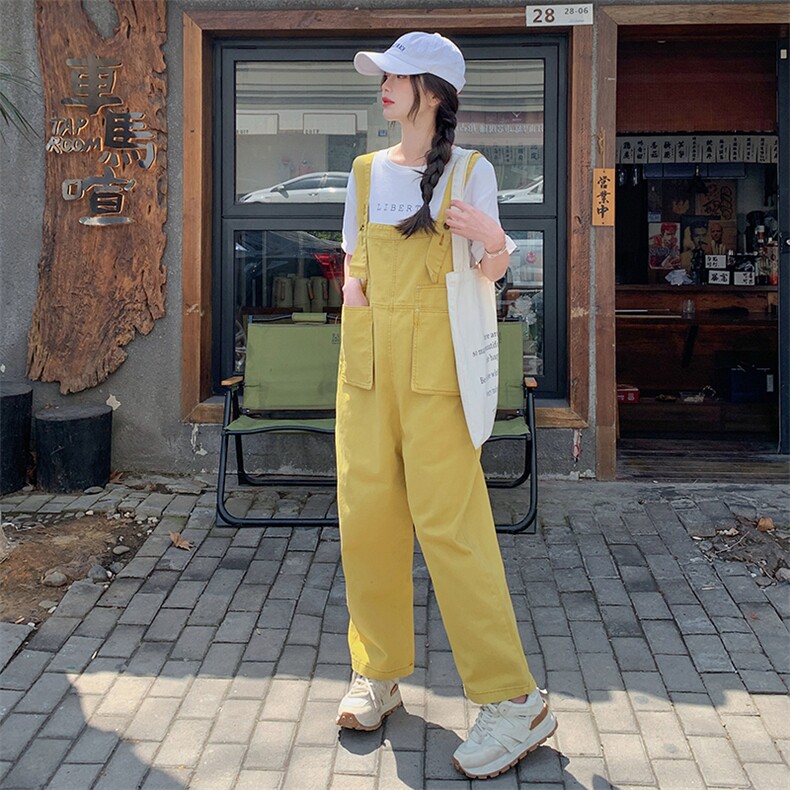 小个子黄色背带裤女2024夏新款桔梗宽松休闲大口袋设计工装直筒裤,女装连体裤,2C059