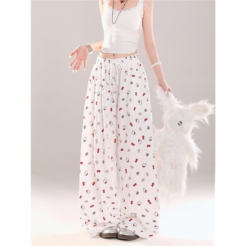 韩系甜美可爱kitty猫白色休闲裤女2025夏季高腰垂感宽松阔腿长裤,男装休闲裤,星座1210-1