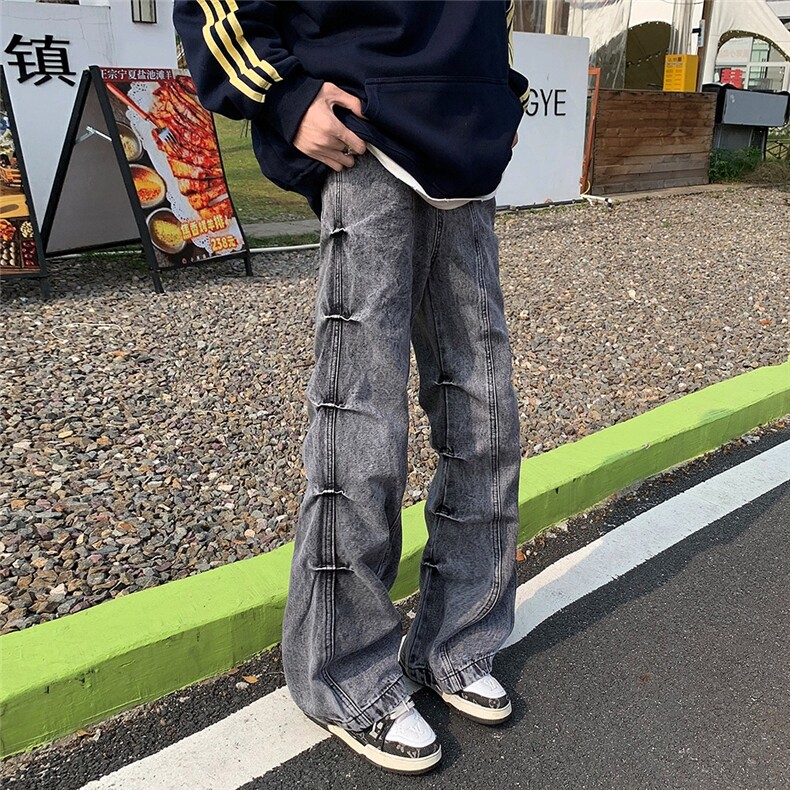 美式高街复古做旧废土风水洗褶皱微喇牛仔裤男阔腿裤潮流长裤,男装牛仔裤,星座410-6（原星座1304-1）