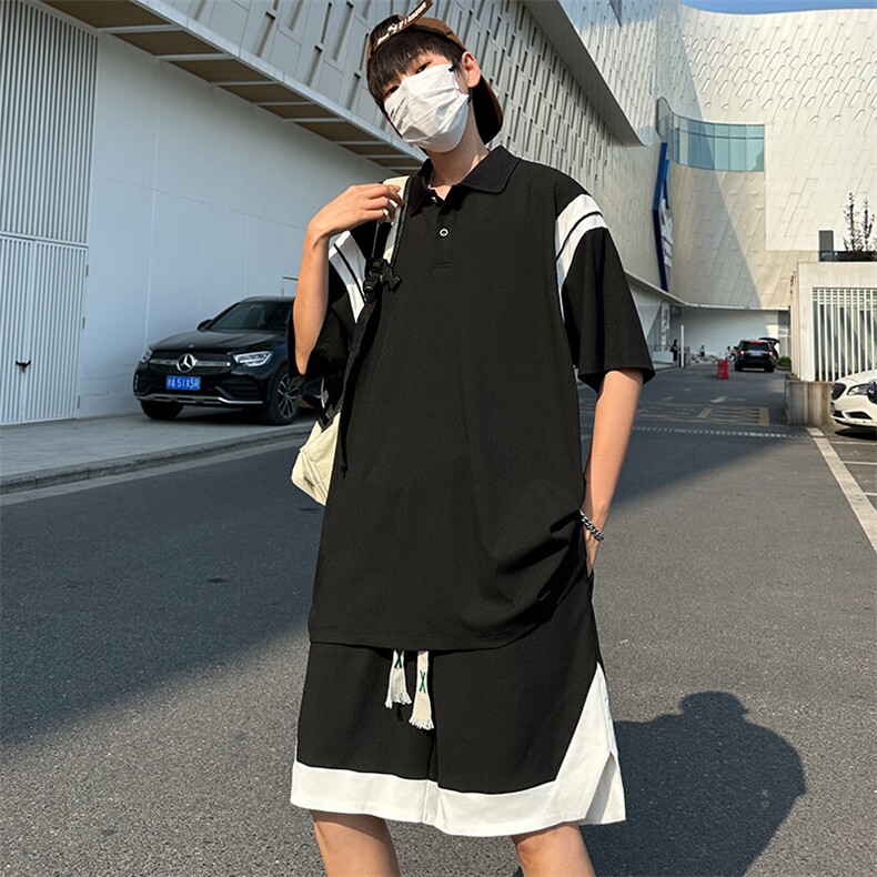 现货主推大码港风情侣翻领polo冰丝防晒五分裤日系套装S17P65,男装牛仔裤,电商B226-2（原B217-2）