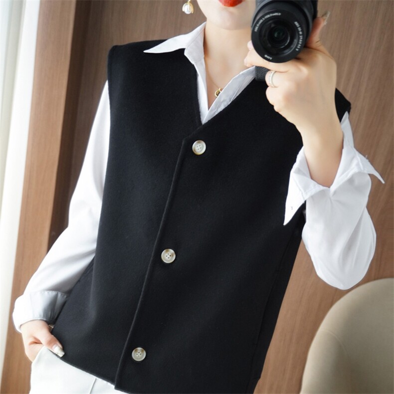 秋冬马甲女士双面呢羊毛呢子外套宽松V领无袖上衣短款绒衫马夹，女装马甲，鹿展羊绒大衣