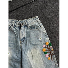 美式花朵刺绣牛仔短裤男夏季高街cleanfit宽松五分中裤L55777-p47，男装牛仔裤，星座1008