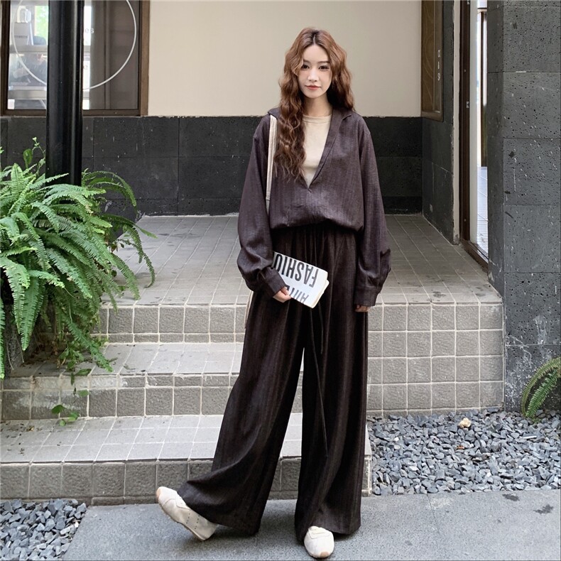 韩版复古显瘦时尚套装女2025春秋季新款气质百搭上衣阔腿裤两件套,女装套装/套裙,2C327