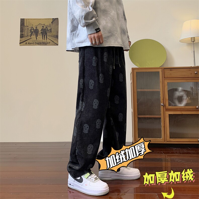 冬季加绒复古扎染灯芯绒休闲裤男韩版小众ins宽松直筒拖地长裤潮图片