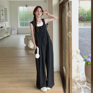 韩版时尚气质条纹背带裤女2025夏季新款法式宽松显瘦高腰阔腿长裤图片
