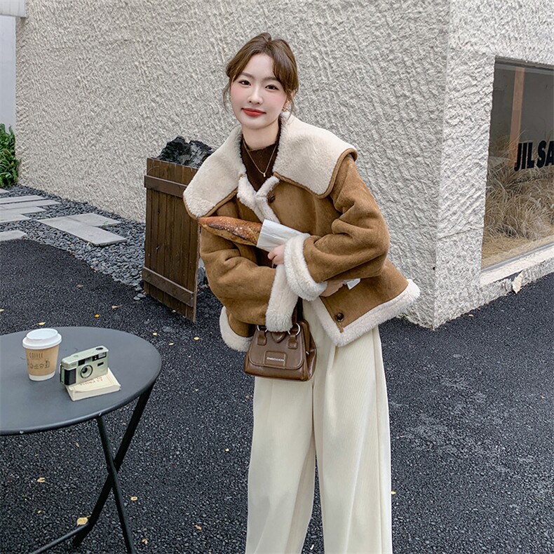 咖色羊羔毛宽松学院风皮毛一体外套韩系减龄棉服6086P195K288,女装棉衣/棉服,维壹