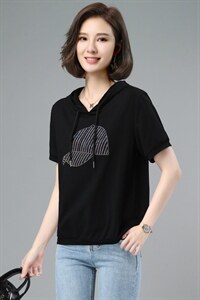 板酷2026夏装新款时尚宽松烫钻纯色女装上衣连帽T恤B619图片