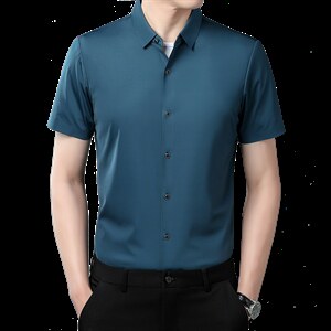 衬衫男2023新款夏装商务休闲正装中青年男士纯色翻领短袖工装衬衫图片
