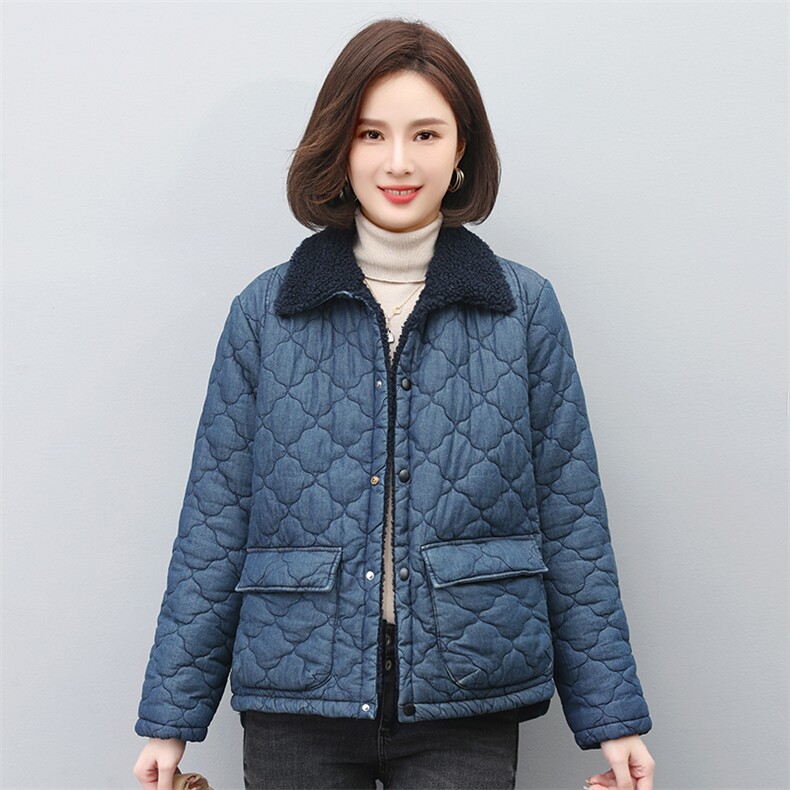 时尚女装牛仔拼接加绒外套 宽松显瘦保暖棉服图片
