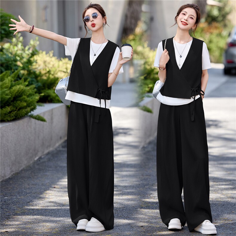 韩系减龄三件套女2026年夏季新款气质松弛感小个子短袖马甲阔腿裤,女装套装/套裙,拾衣