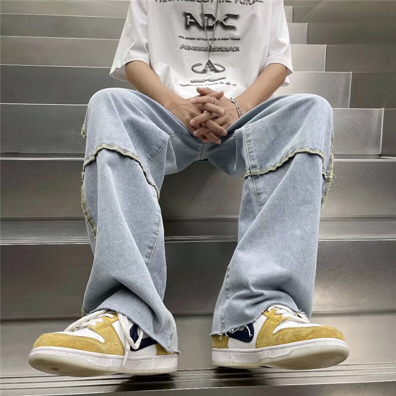 毛边牛仔裤男夏季潮牌宽松大码休闲裤子高街设计感NZ15P38图片