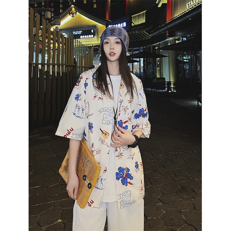 夏威夷风沙滩短袖衬衫男女同款夏季新款印花薄款休闲衬衣图片