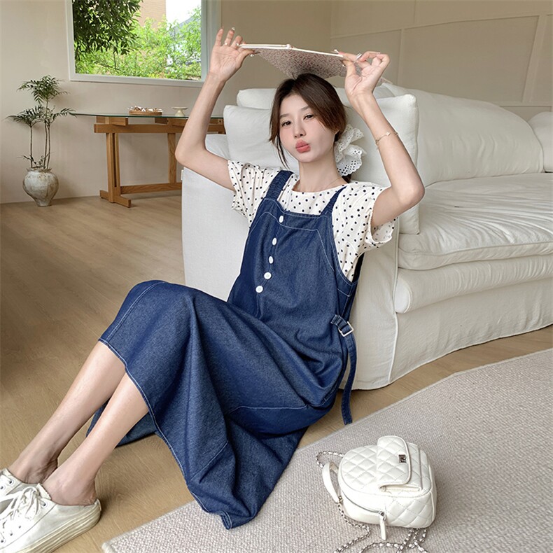 新款现货主推波点上衣+牛仔背带裙9833-P135-K188,女装连衣裙,2C129