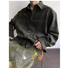 美式复古军绿色格子衬衫男款春秋潮牌设计高级感呢料长袖衬衣外套，男装衬衫，星座506A