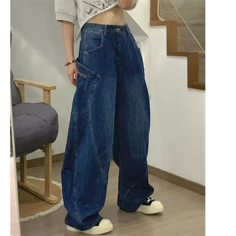 美式复古拼接做旧牛仔裤女秋冬宽松设计感高街休闲裤WL80088-p55,男装牛仔裤,星座1008