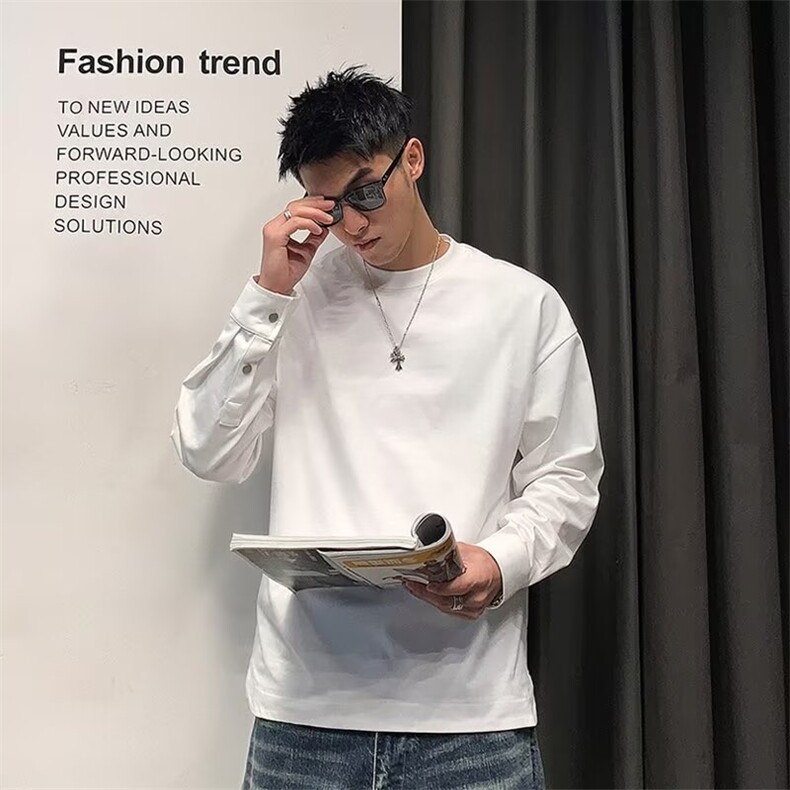 开衩纽扣袖口卫衣宽松内搭男上衣服设计感长袖圆领t恤LT1133-P35,男装T恤,星座1008