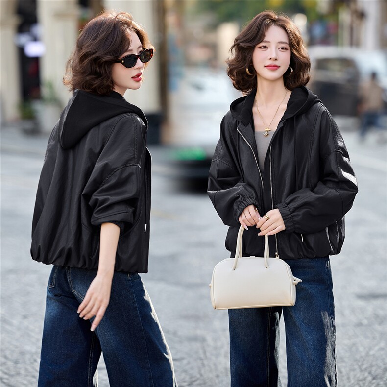 PU蛋白皮休闲宽松连帽夹克外套，女装皮衣，采品优优
