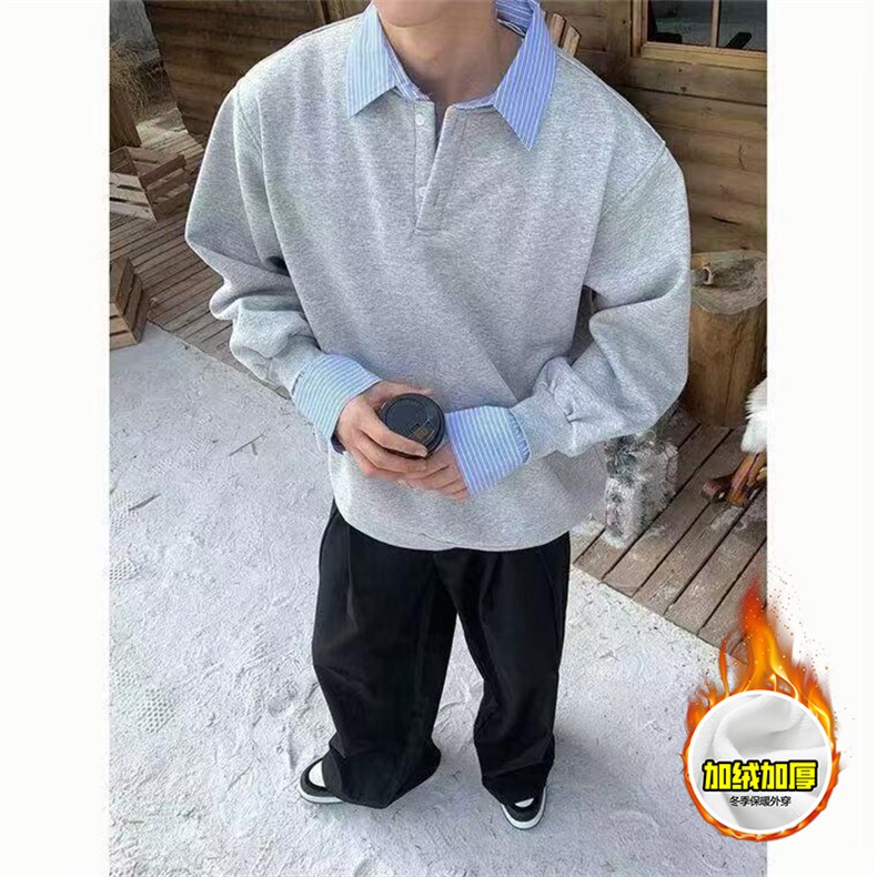 重磅加绒硬挺boxy男女美式高街假两件衬衫领长袖卫衣POLO领打底衫,男装T恤,电商A486