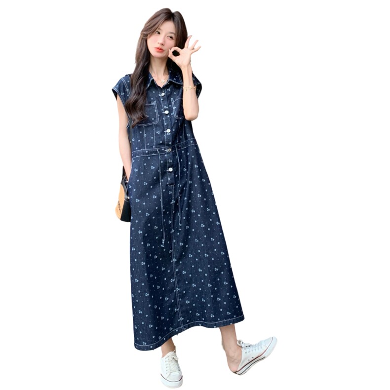 韩系印花牛仔连衣裙女2025夏季新款时尚设计感气质收腰显瘦长裙,女装连衣裙,2C227