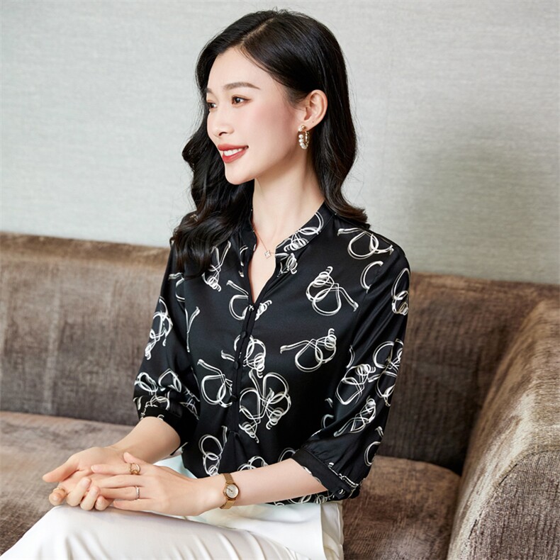 高级感印花真丝衬衫女桑蚕丝2025夏新款衬衣短袖大码气质妈妈上衣,女装衬衫,阿舍尔精品