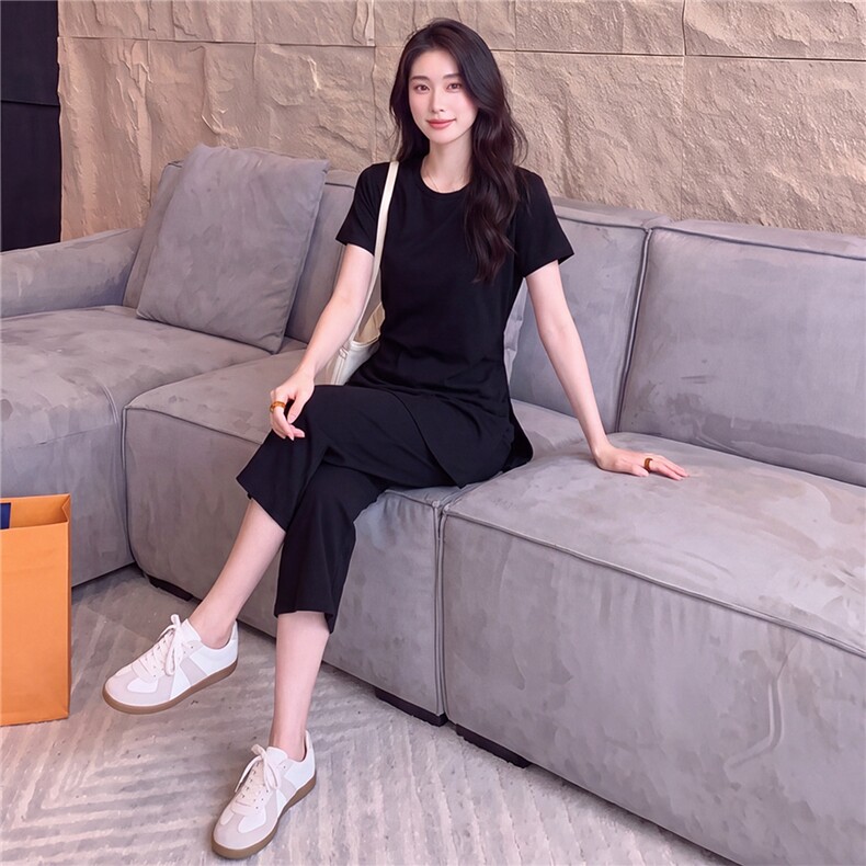 潮流时尚休闲套装女夏新款黑色圆领褶皱收腰短袖上衣九分裤两件套,女装套装/套裙,江南