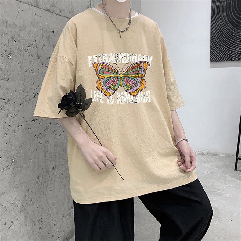 YT26366-P30亚麻短袖t恤男大码五分袖男宽松七分袖大皂风模特,男装T恤,电商A040