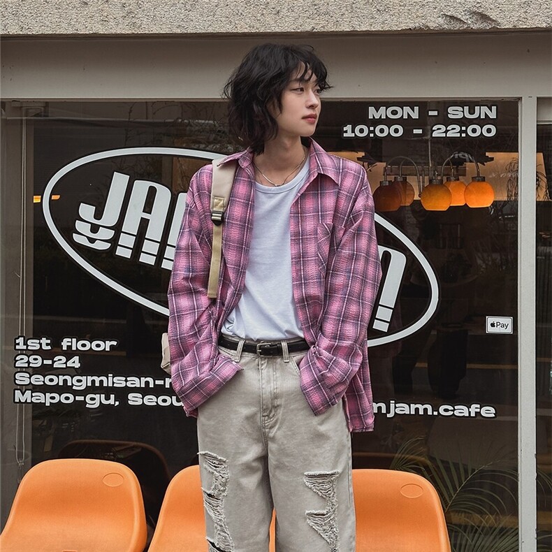 美式格纹长袖衬衫男女夏季宽松多巴胺情侣衬衣休闲防晒外套931P50图片