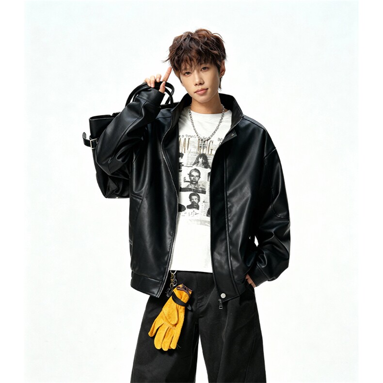 2026新款PU皮立领拼接宽松飞行员皮衣夹克外套男J5274-特P70控138，男装夹克，电商A001-1