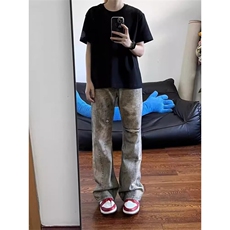 美式vibe复古3D打印做旧拼接废土风水洗牛仔裤男女直筒微喇长裤子，男装牛仔裤，星座601-1